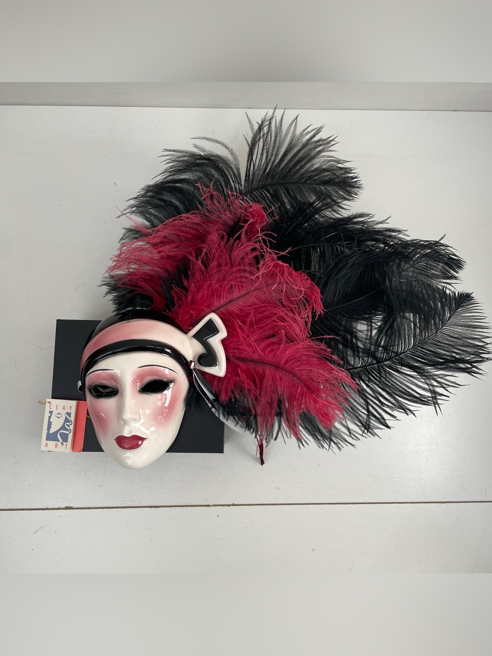 1990s Clay Art San Francisco About Face Ceramic Wall Mask Feathers Art Deco vtg
